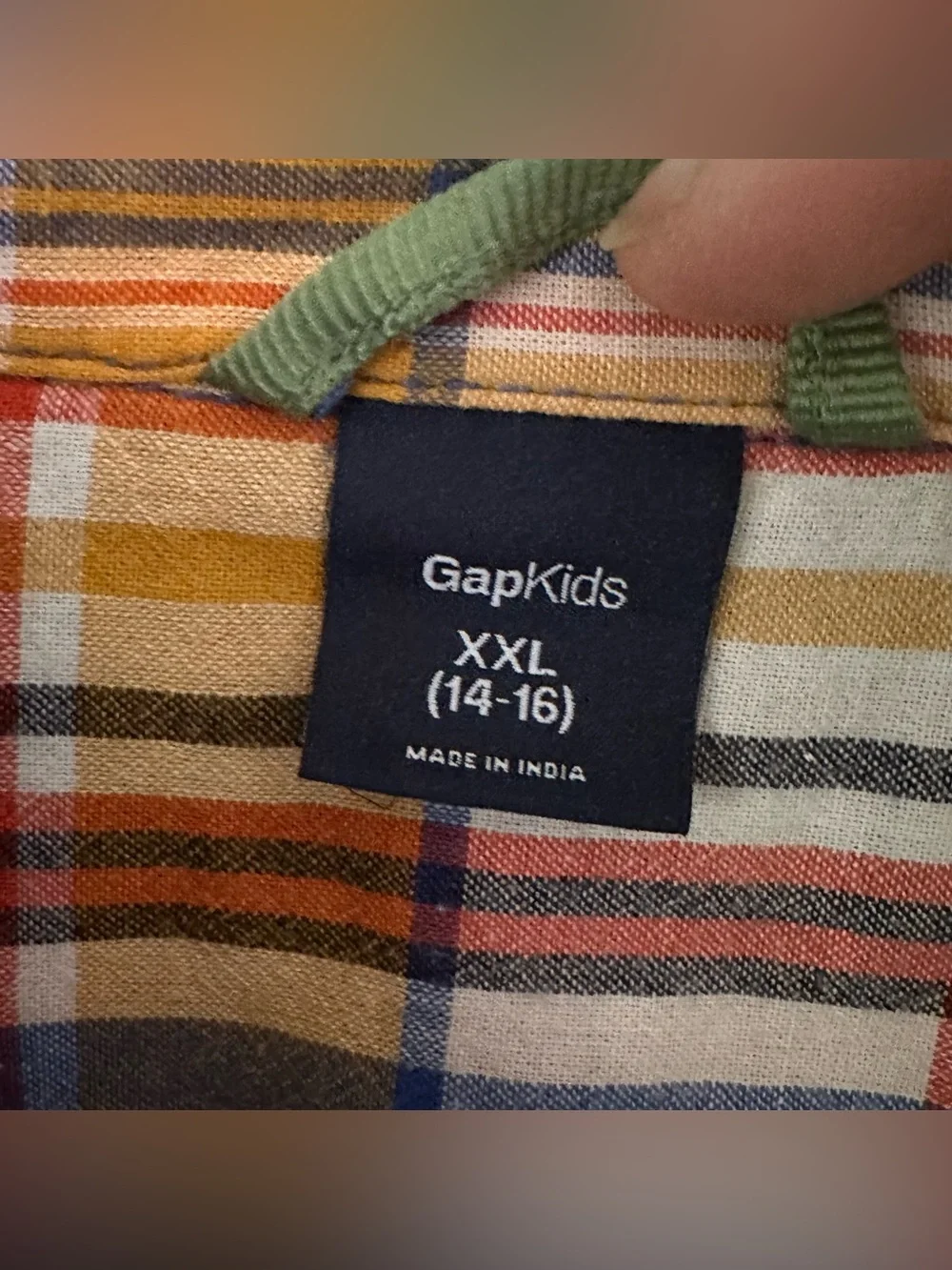 Gap Madras Plaid Button-Up Shirt Kids XXL 14-16 Orange Blue Double Layer Cotton